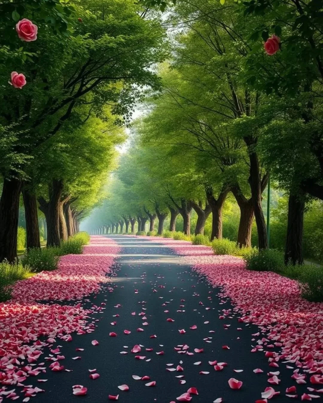 Whispering Petals: Serene Tree-Lined Path